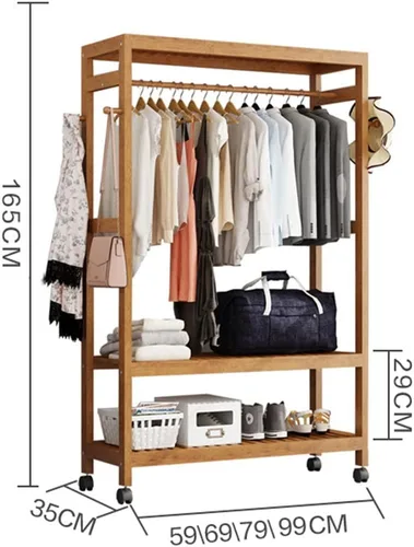 Miniatura 7 de Perchero de madera independiente para ropa, con 2 estantes de almacenamiento y 4 ganchos, ideal para almacenamiento de ropa de dormitorio
