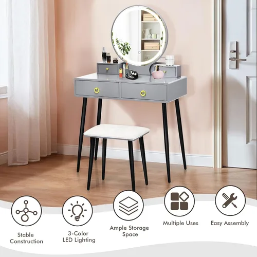 Miniatura 7 de COSTWAY Juego de tocador con espejo y luces, tocador de maquillaje con 3 modos de iluminación de color y brillo ajustable, espejo de tocador