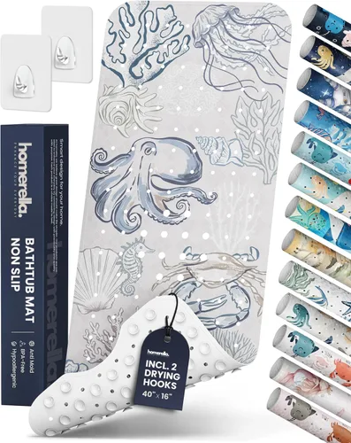 Homerella - Alfombrilla de baño antideslizante y antideslizante para niños, 40 x 16 pulgadas, sin BPA, incluye 2 ganchos, tapete de ducha lavable