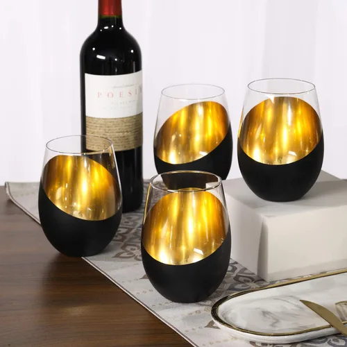 Miniatura 2 de MyGift Vasos de vino sin tallo, diseño moderno mate negro y dorado, 18 onzas, juego de 6 Negro (juego de 6)