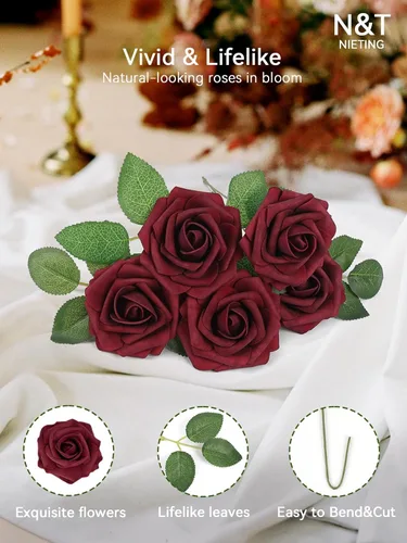 Miniatura 155 de N&T NIETING Flores artificiales, rosas artificiales de color rosa intenso, 50 piezas de flores falsas con tallo para ramos de boda DIY, centros