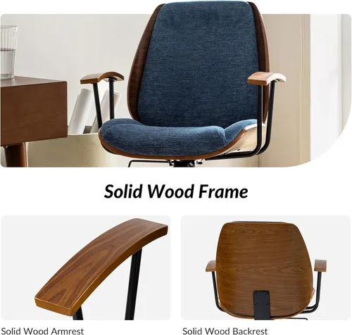 Miniatura 4 de HULALA HOME Silla de oficina de madera maciza con función de balanceo, silla de escritorio de tela cómoda con base de madera curvada y metal, silla