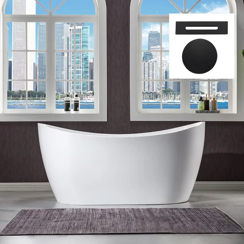 Miniatura 27 de WOODBRIDGE - Bañera independiente de acrílico, 59 pulgadas, bañera contemporánea de remojo, color blanco, con desbordamiento y desagüe de cromo