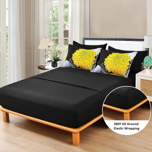 Miniatura 4 de Juego de sábanas Yiran en una bolsa tamaño Queen amarillo y negro, juego de edredón de 7 piezas de microfibra suave floral boho con 1 edredón, 1