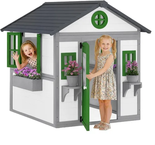 Miniatura 11 de Outsunny - Casa de juegos para niños al aire libre, casa de juegos de madera con puerta holandesa, ventanas, soportes para flores y cajas para niños