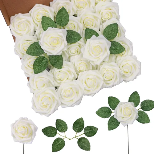 Miniatura 16 de DuHouse 25 rosas artificiales con tallos, flores de espuma de tacto real para bricolaje, ramo de boda, centro de mesa, arreglo floral, fiesta, Verde