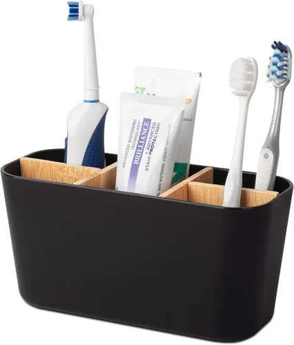 Portacepillos de dientes para baños, soporte para cepillos de dientes de bambú con 5 ranuras, organizador de tocador de baño para encimera para