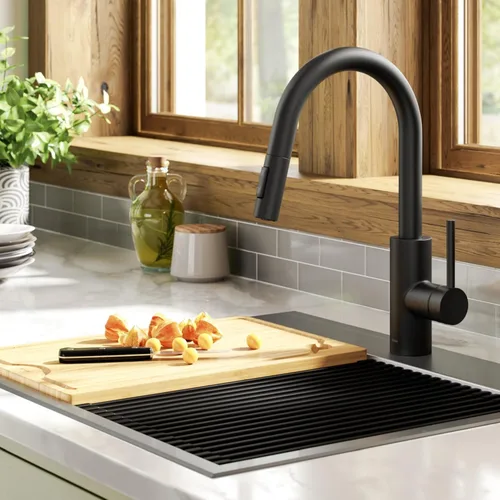 Miniatura 2 de KRAUS Oletto - Grifo de cocina extraíble con un solo mango con ensamble de montaje superior QuickDock en negro mate, KPF-2620MB