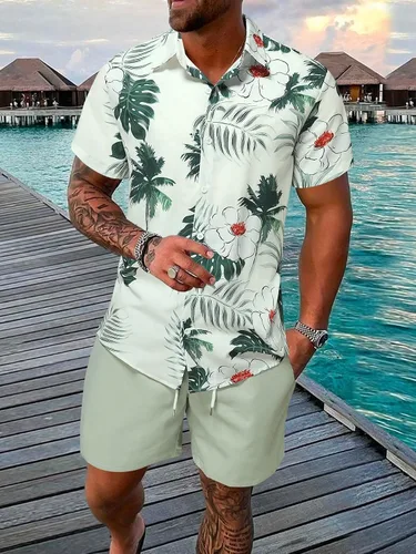 Miniatura 2 de SHENHE Conjunto de camisa y pantalones cortos de manga corta con botones de 2 piezas para hombre