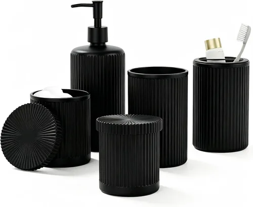 Accesorios de baño verdes 5 piezas con bote de basura (negro, 5 imágenes)