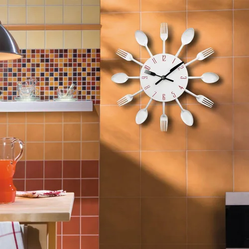 Miniatura 6 de Timelike Reloj de pared de cocina, 3D extraíble, moderno, creativo, cubiertos, cuchara, tenedor, reloj de pared, espejo, calcomanía de pared, Blanco