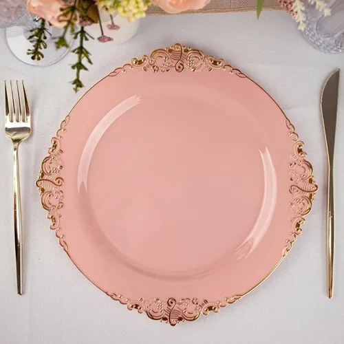 Miniatura 25 de Tableclothsfactory Paquete de 10 platos redondos de plástico barroco dorado de 8 pulgadas para ensalada de postre, vajilla desechable con borde