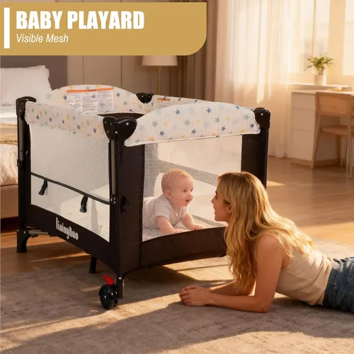 Miniatura 5 de Corral de bebé de altura ajustable 4 en 1, centro plegable para guardería con caja de música, estante de juguetes, almacenamiento lateral, Estrella