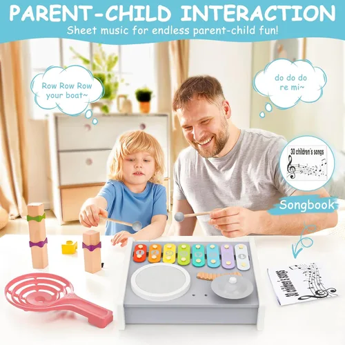 Miniatura 3 de Juego de instrumentos musicales para niños, batería de piano - Juguetes Montessori 5 en 1 para bebés pequeños, kit de música de madera con teclado