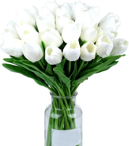 SITUMEIZI 15 piezas de flores blancas artificiales, tulipanes artificiales de poliuretano de 14 pulgadas a granel para el hogar, cocina, Pascua,