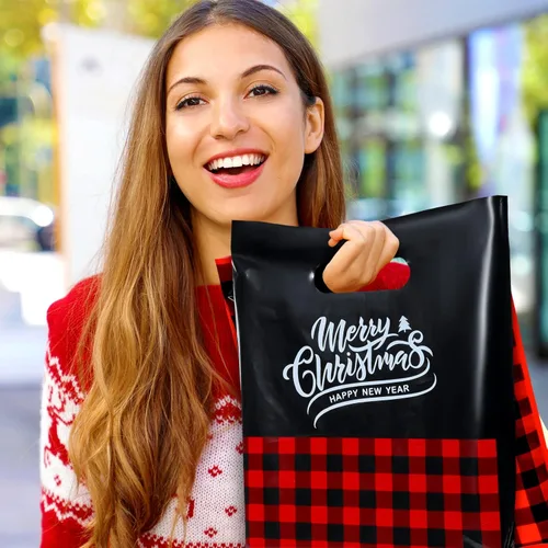 Miniatura 3 de Sadnyy Paquete de 100 bolsas de plástico para regalo de Navidad a granel, pequeñas bolsas de compras de Feliz Navidad, mercancía gruesa impresa al