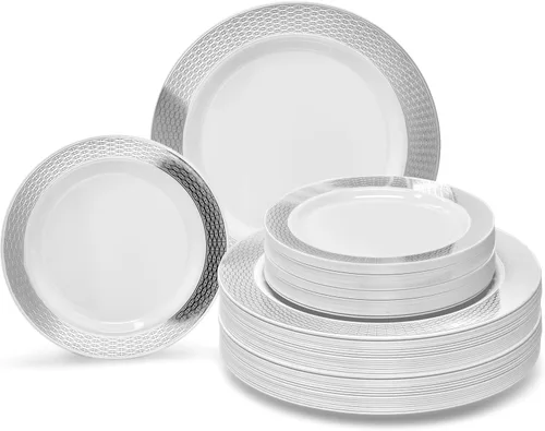 Miniatura 19 de OccasionS - Paquete de 100 platos (50 invitados) Juego de platos de plástico desechables de alta calidad para fiesta de boda, cena de 50 x 10.5