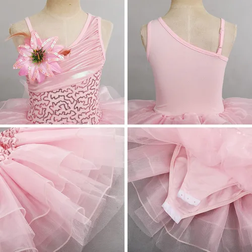 Miniatura 6 de IDOPIP Vestido de ballet con lentejuelas y un hombro para niñas pequeñas, tutú con volantes, falda de bailarina, 3-10 años