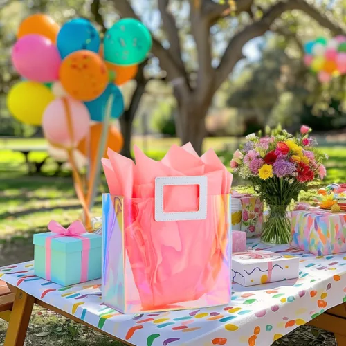 Miniatura 3 de Bolsa de regalo holográfica con papel de seda, reutilizable, bolsa de regalo de cumpleaños para mujeres y niñas, iridiscente, despedida de soltera