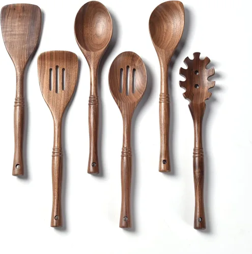 Gudamaye Utensilios de madera de nogal negro de 12 pulgadas, juego de 6 cucharas para manualidades para cocinar