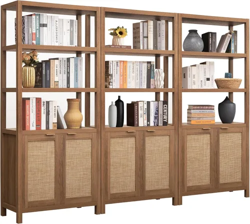 Miniatura 13 de Estantería SICOTAS de 5 niveles, estante de libros de ratán estilo bohemio de 71" de altura con puertas, estantes de almacenamiento, estanterías