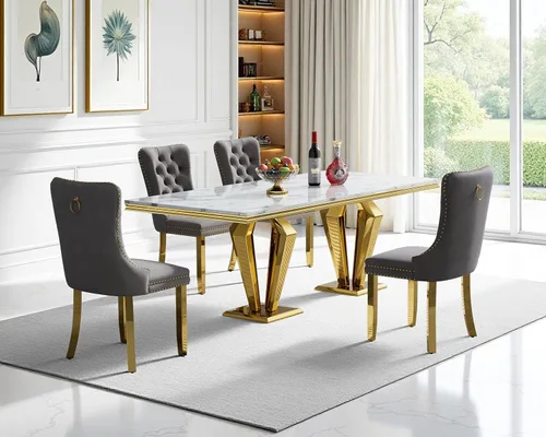 Miniatura 65 de Juego de mesa de comedor de mármol sintético, 7 piezas, juego de mesa de cocina y comedor para 6, mesa de comedor rectangular blanca de 70 pulgadas