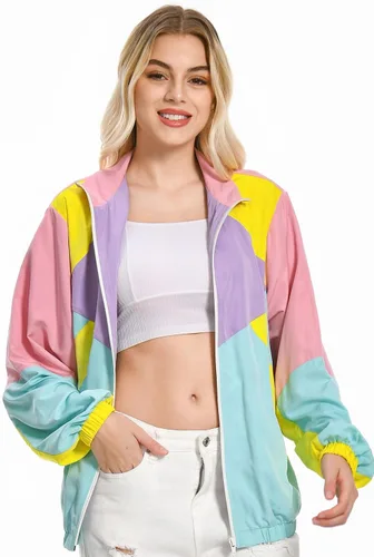 Miniatura 2 de Chaqueta de bloque de color de los años 80 para mujer, rompevientos neón, traje de entrenamiento retro para fiestas temáticas