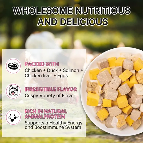 Miniatura 3 de Mezcla de carne liofilizada 5 en 1 para perros y gatos – Pollo, pato, salmón, yema de huevo e hígado, ingredientes naturales para mascotas, sin
