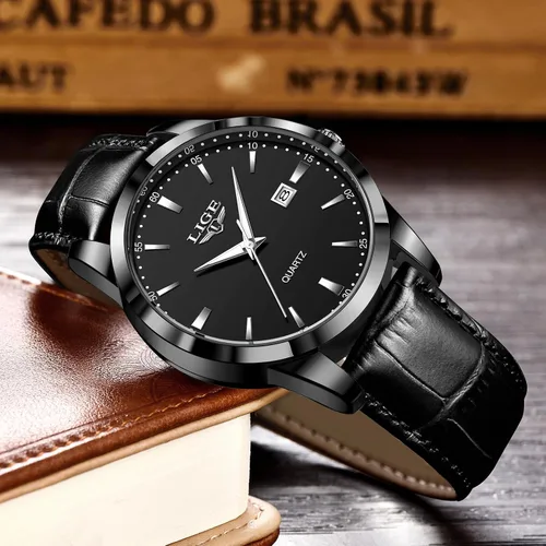 Miniatura 5 de LIGE Relojes para hombre impermeable analógico vestido vintage cronógrafo analógico casual cuero acero inoxidable movimiento de cuarzo único retro