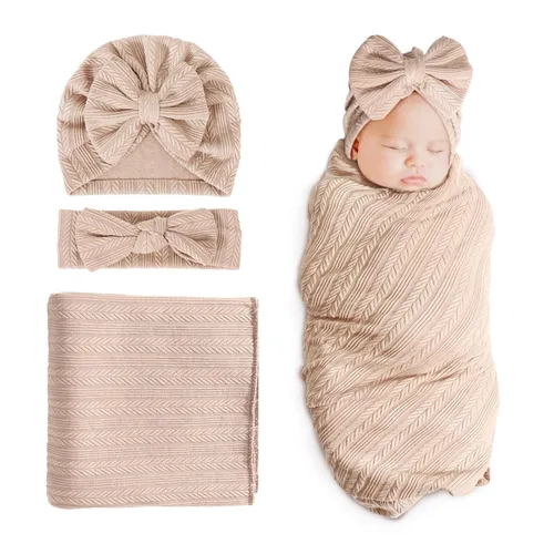 Miniatura 18 de DRESHOW BQUBO Manta de recepción para recién nacido, cálida para niñas con sombrero de lazo y diadema de lazo, regalo para baby shower 1 juego
