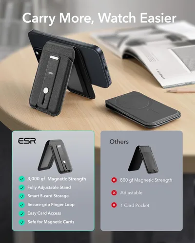 Miniatura 2 de ESR Soporte para cartera MagSafe con agarre, bloqueo RFID, anillo MagSafe incluido, 5 tarjetas para funda de teléfono, cartera magnética para iPhone