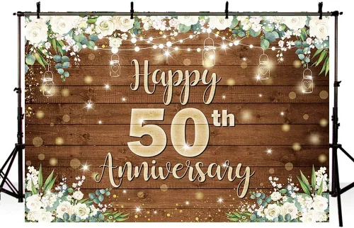 Miniatura 4 de AIBIIN Telón de fondo de feliz aniversario de 7 x 5 pies para parejas que saludan a 50 años, decoración de fiesta de cumpleaños, flores blancas
