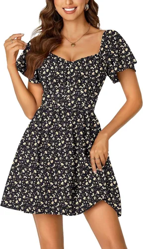 Miniatura 28 de Rooscier Minivestido acampanado de manga corta con volantes, cuello cuadrado, envolvente y espalda anudada para mujer