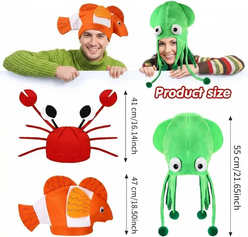 Miniatura 2 de Kasyat - Sombreros divertidos y locos de criaturas marinas, paquete de 3, disfraz de animales del océano, pulpo, cangrejo, payaso, sombreros