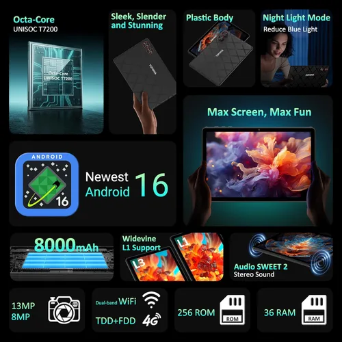 Miniatura 2 de TOPWAH - Tableta Android de 11 pulgadas con teclado, 36 GB de RAM + 256 GB de ROM (expansión de 1 TB), tabletas de pantalla ISP 2K, 8000 mAh, T606