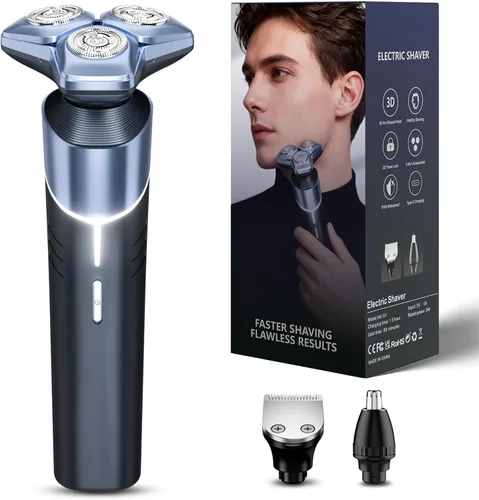 Maquinilla de afeitar eléctrica para hombre: afeitadora 3 en 1 con cortadora de pelo y recortadora de pelo de nariz, azul aguamarina