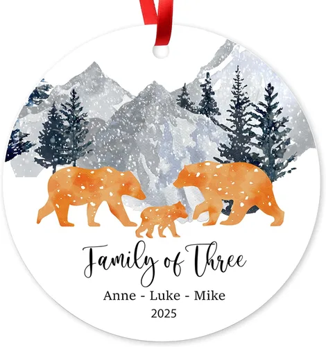 Adorno de Navidad de familia de 3 2025, adorno personalizado para la primera Navidad del bebé, recuerdo de adorno familiar con tema de oso, 3.5 Co-03