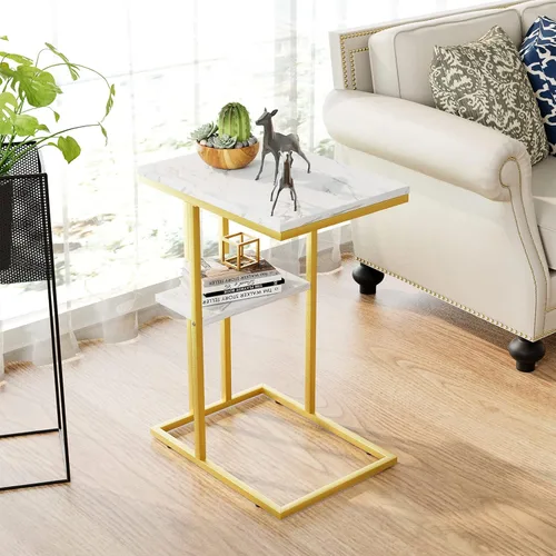Miniatura 2 de Easy Paws - Mesa auxiliar en forma de C, mesa lateral pequeña para sofá y cama, mesa de aperitivos dorada para espacios pequeños, sala de estar