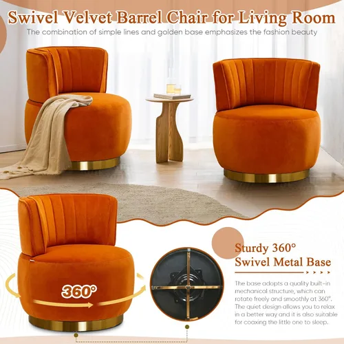 Miniatura 4 de Silla giratoria de terciopelo, moderna silla decorativa tapizada, silla redonda giratoria de 360° con base de metal dorado, cómoda silla de brazo
