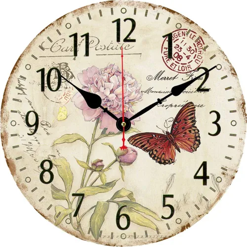 Reloj de pared silencioso de 14 pulgadas sin tictac, relojes de pared con números arábigos grandes, reloj redondo de madera con patrón de mariposa y