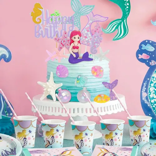 Miniatura 5 de Decoración de pastel de sirena para niña, 30 piezas, figura de sirenita bajo el mar, océano, decoración de tartas, algas, burbujas, estrellas