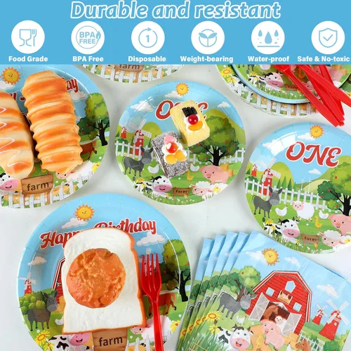 Miniatura 3 de gisgfim 96 piezas de suministros para fiesta de cumpleaños con tema de animales de granja, vajilla de granero, primer cumpleaños, platos de papel