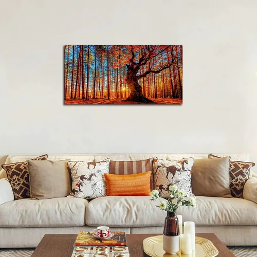 Miniatura 3 de Arte de pared de bosque al atardecer, cuadros de árboles de hojas rojas, paisaje, lienzo, obra de arte contemporánea, pintura de naturaleza impresa