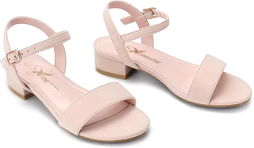Miniatura 16 de Athlefit Sandalias para niñas, puntera abierta, correa en el tobillo, tacones bajos, zapatos de vestir para niñas pequeñas y grandes