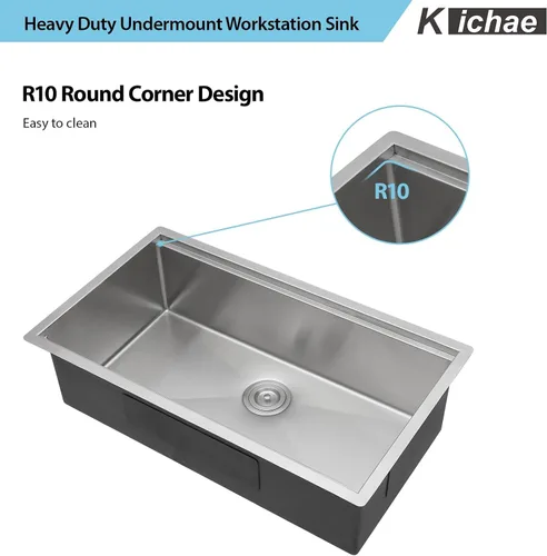 Miniatura 8 de Kichae 33 Fregadero de cocina empotrado - 33 x 19 Fregadero de cocina empotrado con estante para estación de trabajo de acero inoxidable de calibre