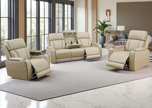 Juego de sofá reclinable eléctrico con luz LED, juegos de muebles de sala de estar, sofá de cuero y 2 sillas, modernos juegos reclinables eléctricos