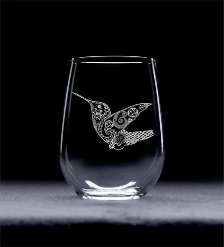 Miniatura 2 de C M Copa de vino sin tallo de 17 onzas, vidrio grabado con láser con diseño de colibrí, regalo para amantes de los colibríes para mujeres y hombres