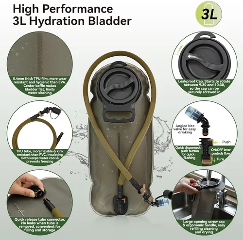 Miniatura 6 de MARCHWAY Mochila táctica de hidratación Molle con bolsa de agua de TPU de 3 litros, mochila militar para ciclismo, senderismo, correr, escalada
