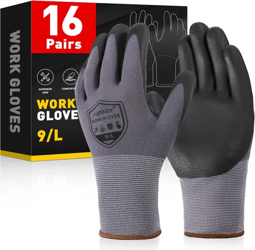 FURWEY Safety Work Gloves-16/32Pairs, Micro Foam Nitrile Coated Glove,Seamless Knit Nylon Gloves for Men Women(S-XL Negro gris-16 pares