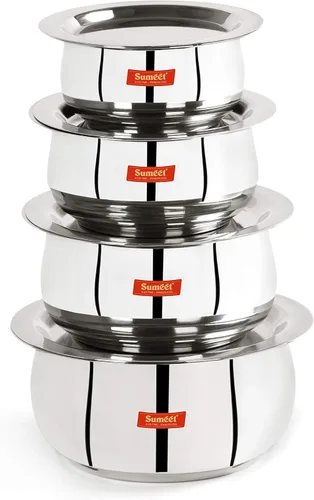 Sumeet Juego de Ollas de Acero Inoxidable de 4 Piezas en Forma de Vientre/Utensilios de Cocina/Juego de Ollas con Tapa 380ML, 500ML, 780ML, 1.1Ltr,